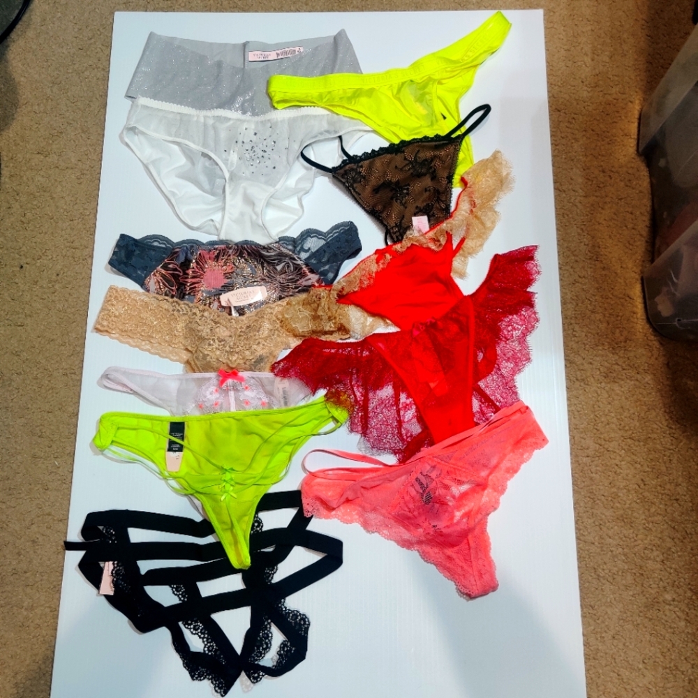 Victorias Secret cheeky bikini thong strappy brocade ruffle lace satin panty lot